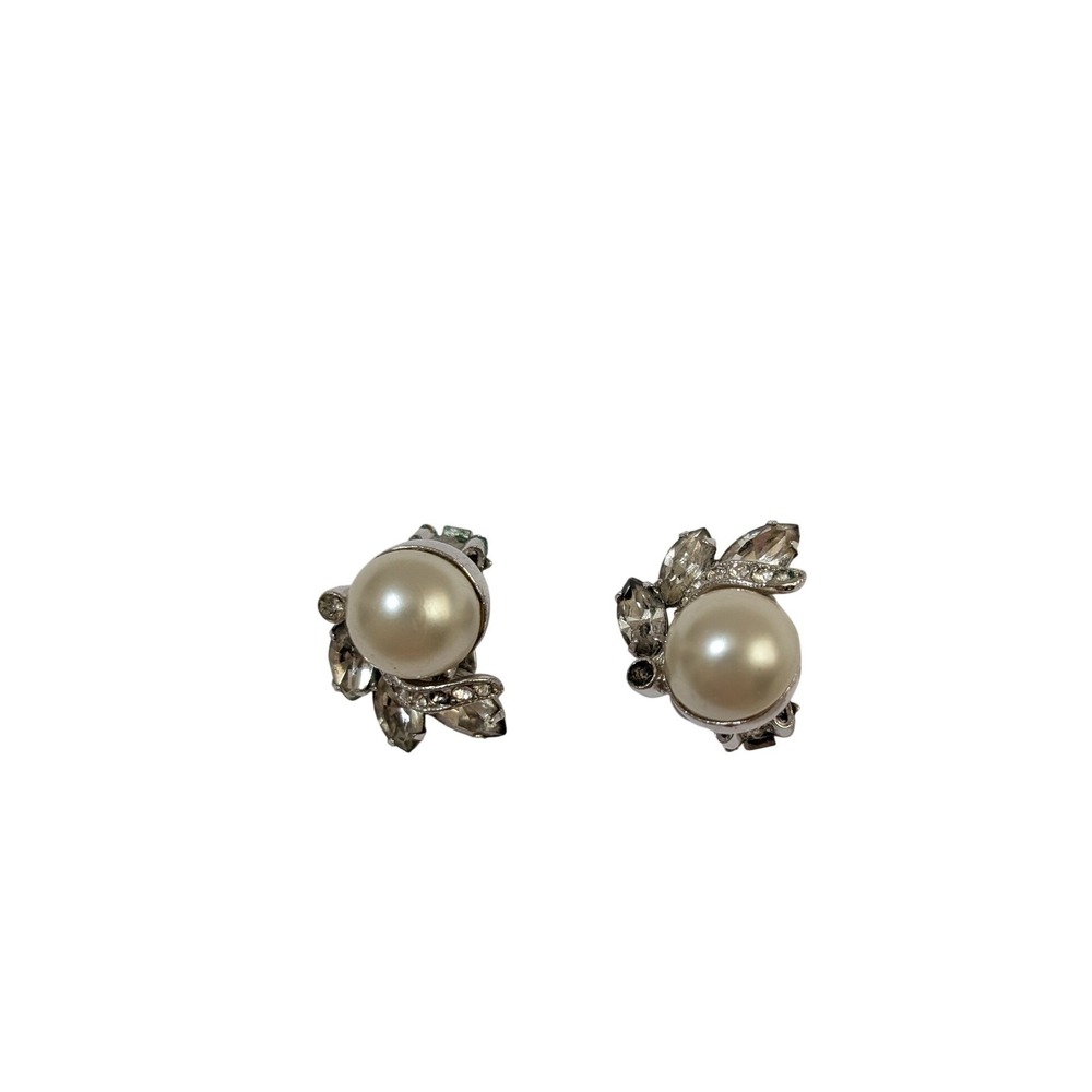 Vintage Eisenberg Faux Pearl Rhinestone Clip On Earrings Silver Tone Mid Century